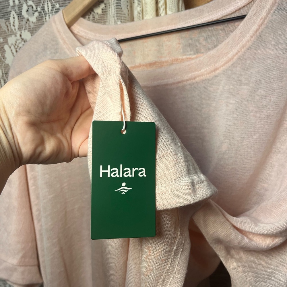 Halara Asymmetrical Split Hem Oversized Sheer Pink Top (126) - Picture 5 of 7